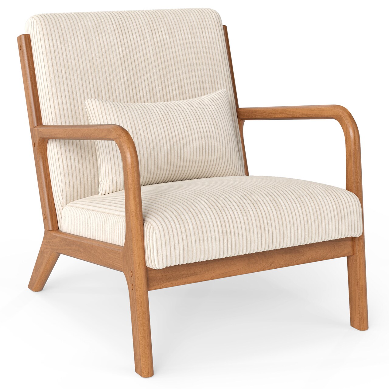 Corduroy Accent Chair with Lumbar Pillow Modern Upholstered Armchair Wood Frame Living Room Bedroom Lounge